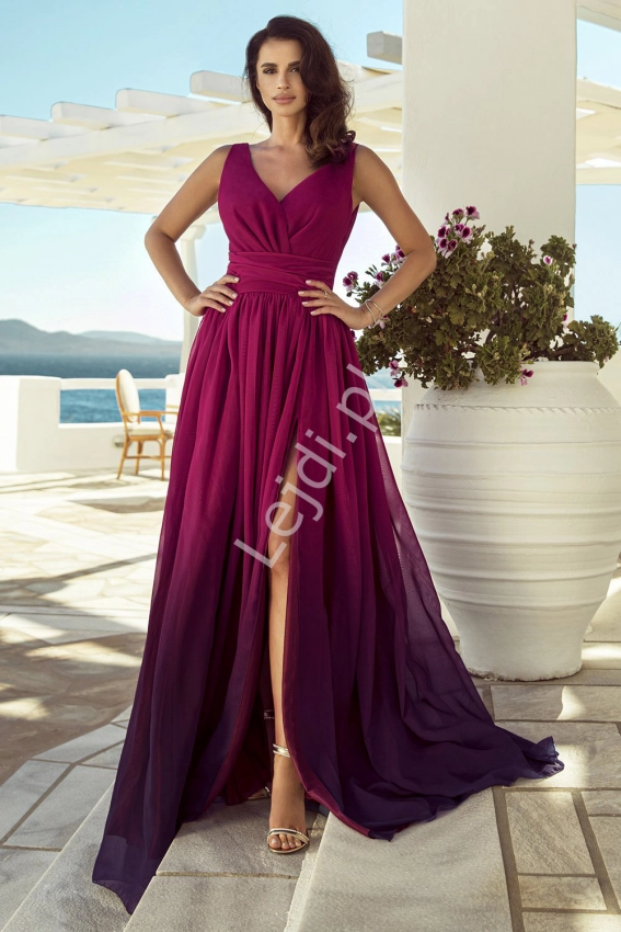 Długa suknia cieniowana w odcieniach amarant, kopertowa rozmiary od 34 do 52, m417