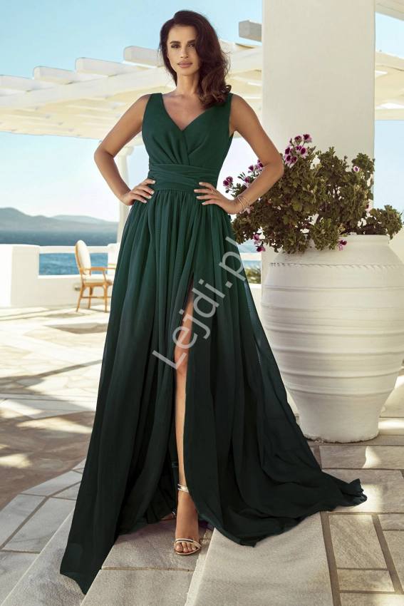 Długa suknia cieniowana w odcieniach ciemnej butelkowej zieleni, kopertowa rozmiary od 34 do 52, m417