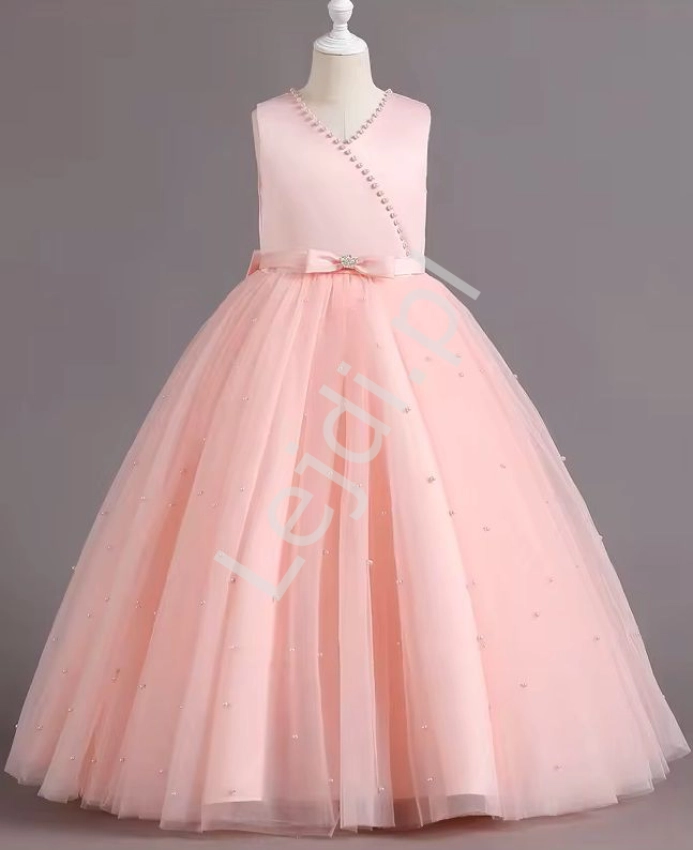 Długa suknia dla dziewczynki wieczorowa tiulowa z perełkami jasny róż 108