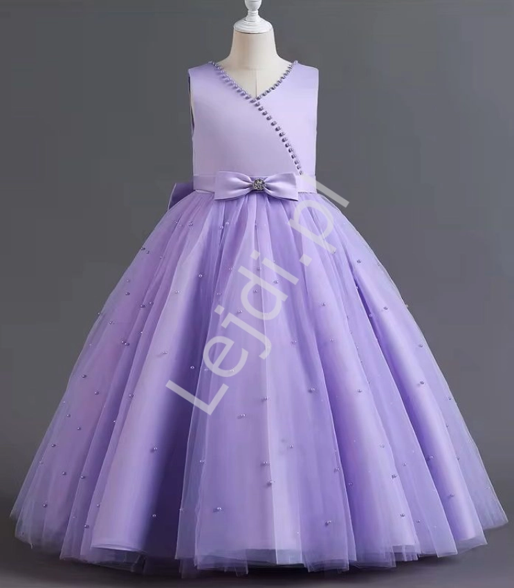 Długa suknia dla dziewczynki wieczorowa tiulowa z perełkami lawendowa 108