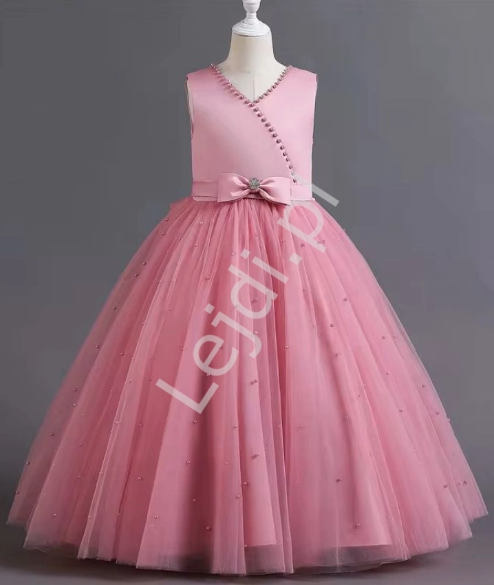 Długa suknia dla dziewczynki wieczorowa tiulowa z perełkami pustynny róż108