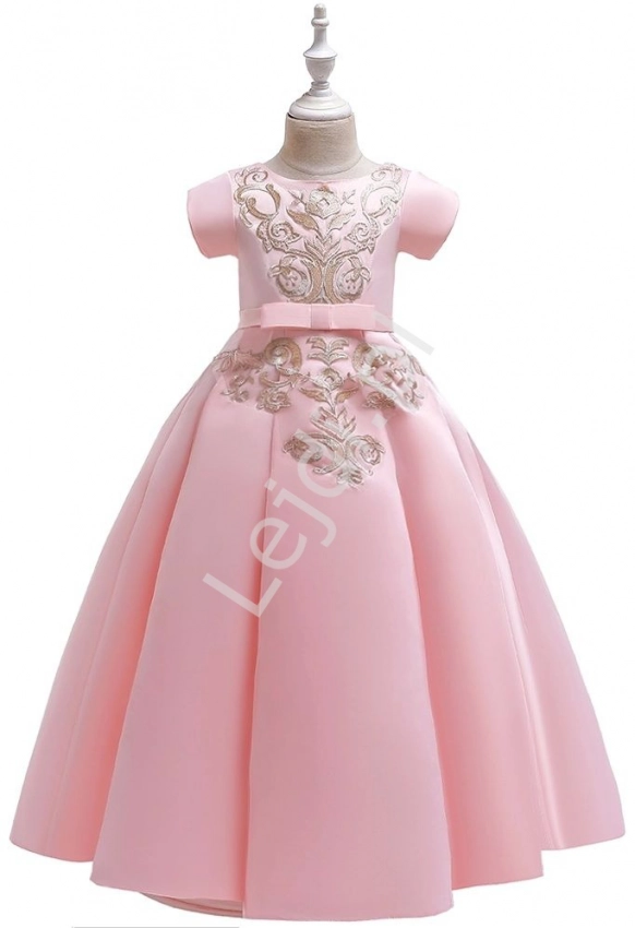 Długa suknia dla dziewczynki z gipiurową aplikacją, jasny róż 202