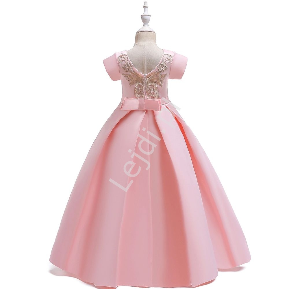 Długa suknia dla dziewczynki z gipiurową aplikacją, jasny róż 202