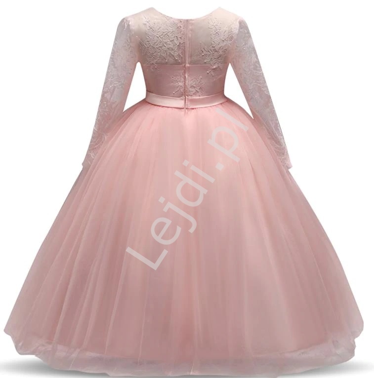 Długa suknia wieczorowa dla dziewczynki w jasno różowym kolorze 022