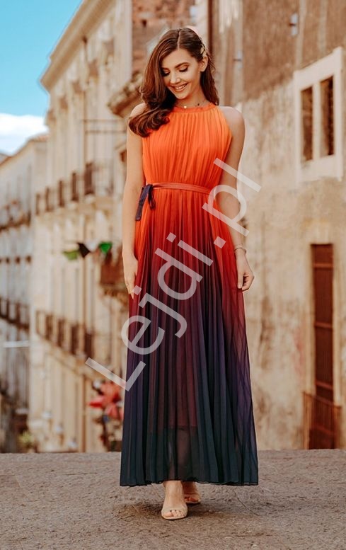 Długa szyfonowa cieniowana plisowana sukienka - Lejdi