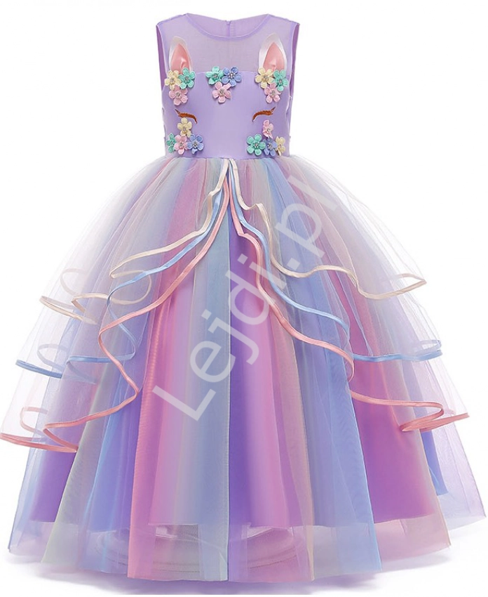 Długa tęczowa sukienka z jednorożcem 021, fioletowa