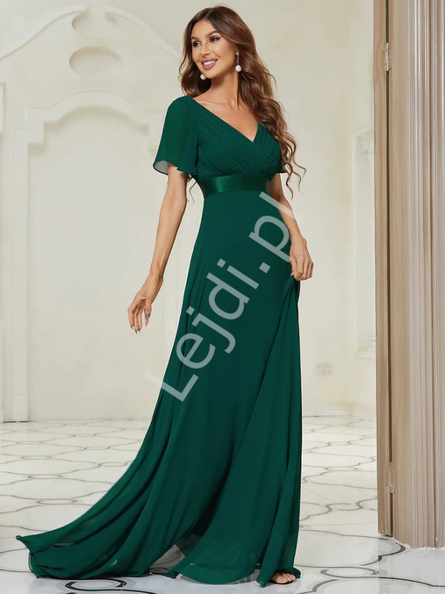 Długa zielona sukienka na wesele kopertowa 890 r.34 -r.52