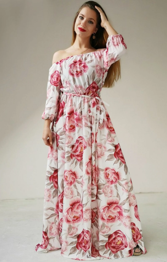 Długa zwiewna sukienka Hiszpanka, biała w piwonie, Klara