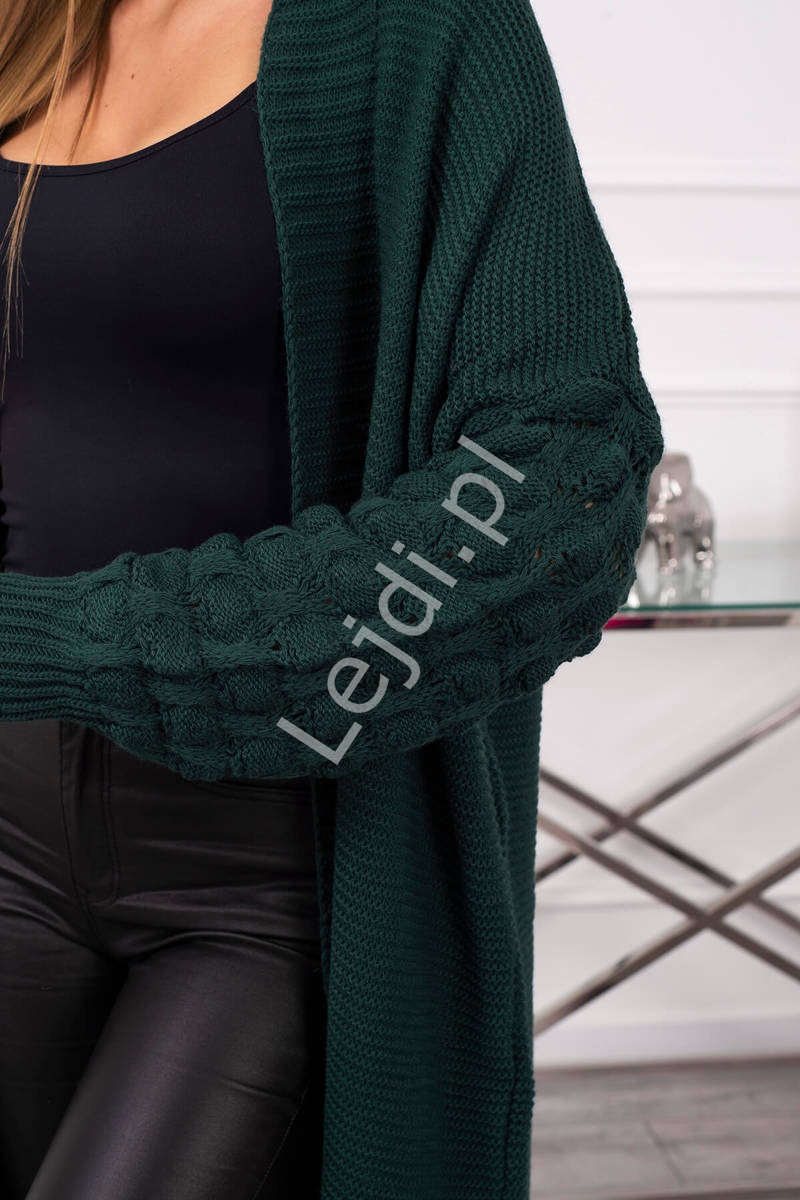 Długi sweter damski o luźnym kroju z bąbelkami na rękawach, ciemno zielony