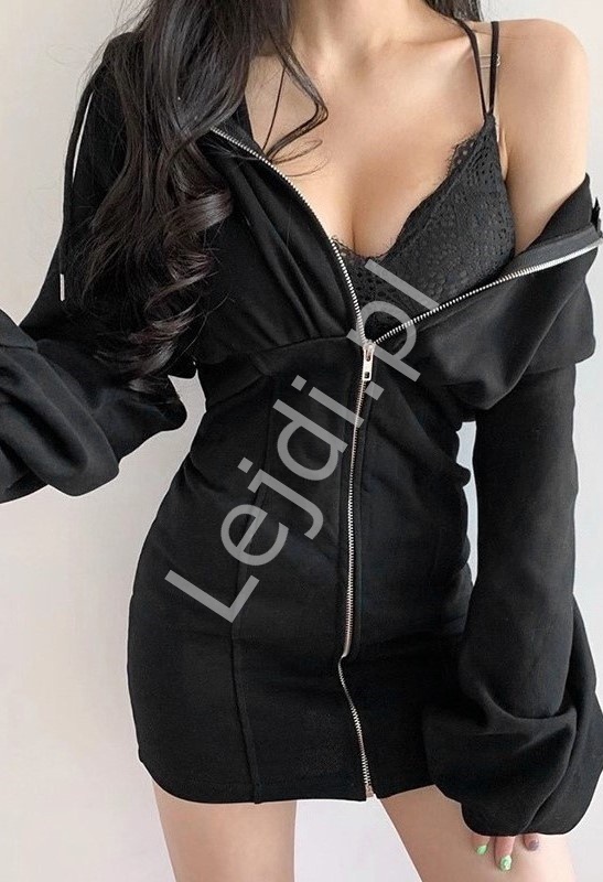 Dzianinowa czarna mini sukienka z kapturem, tunika z kapturem 5899 - Lejdi