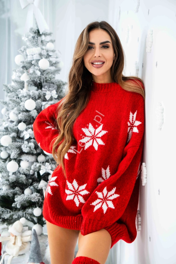Dzianinowa czerwona sukienka Christmas Magic ze śnieżkami na zimę, Świeta, Mikołajki 6194