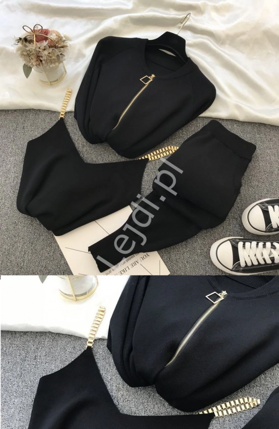 Dzianinowy czarny zestaw, dres damski , bluza, spodnie,  top 9269