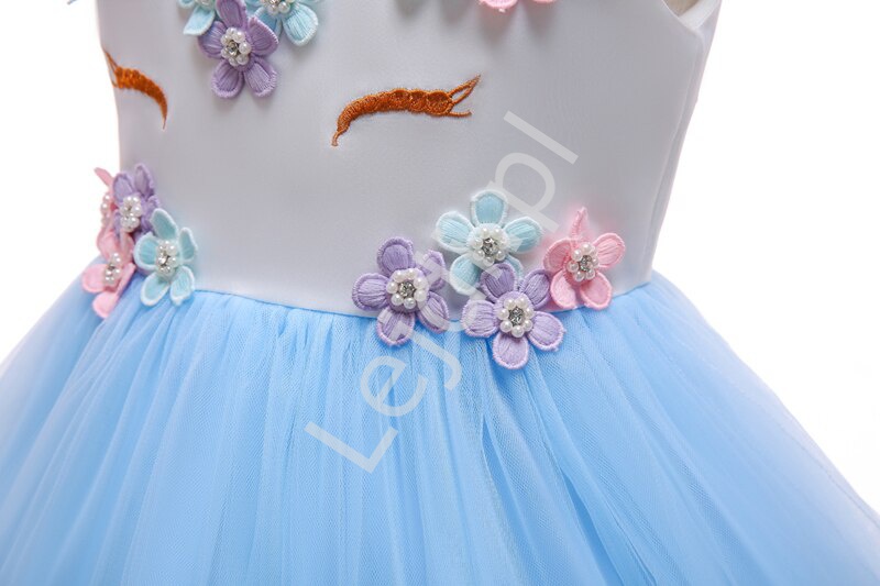 Dziecięca sukienka jednorożec z błekitną tiulową spódnicą