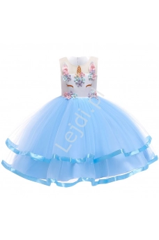 Dziecięca sukienka jednorożec z błekitną tiulową spódnicą