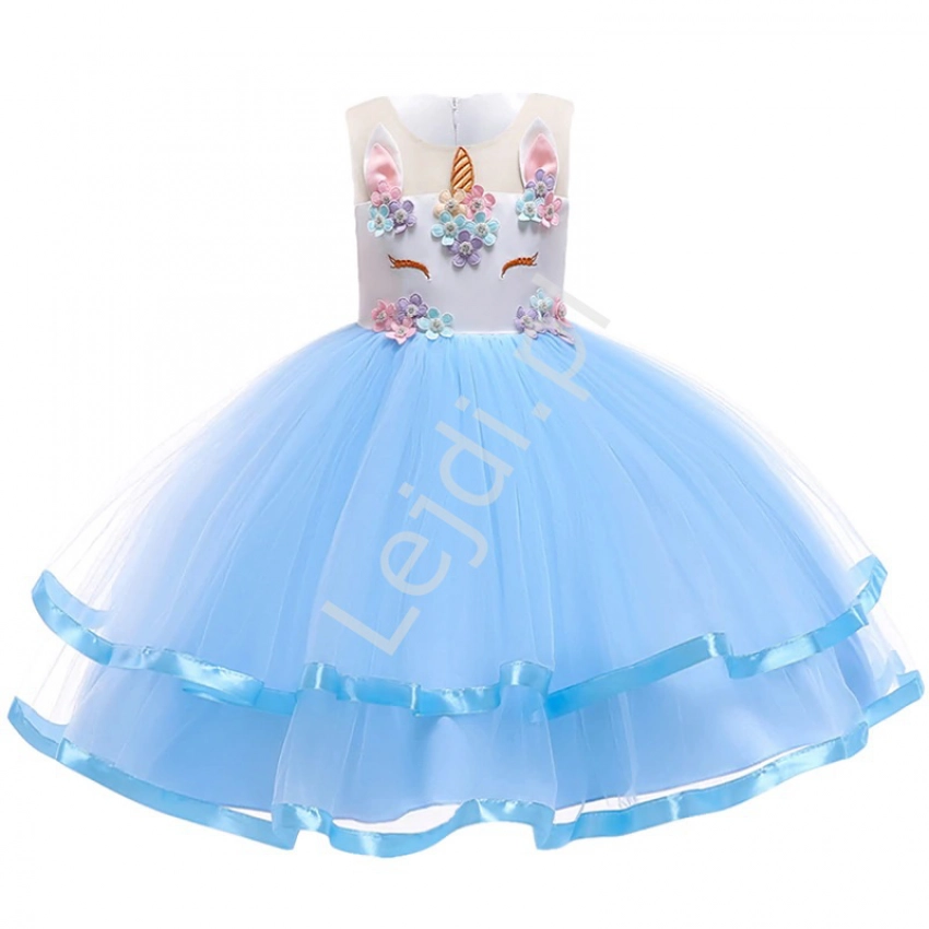 Dziecięca sukienka jednorożec z błekitną tiulową spódnicą 002
