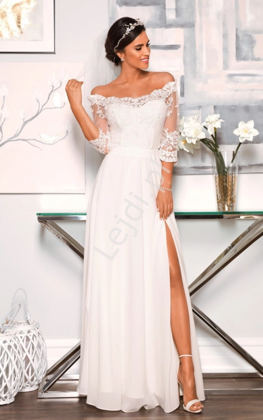 Elegancka biała sukienka ślubna z kwiatową koronką Vanessa