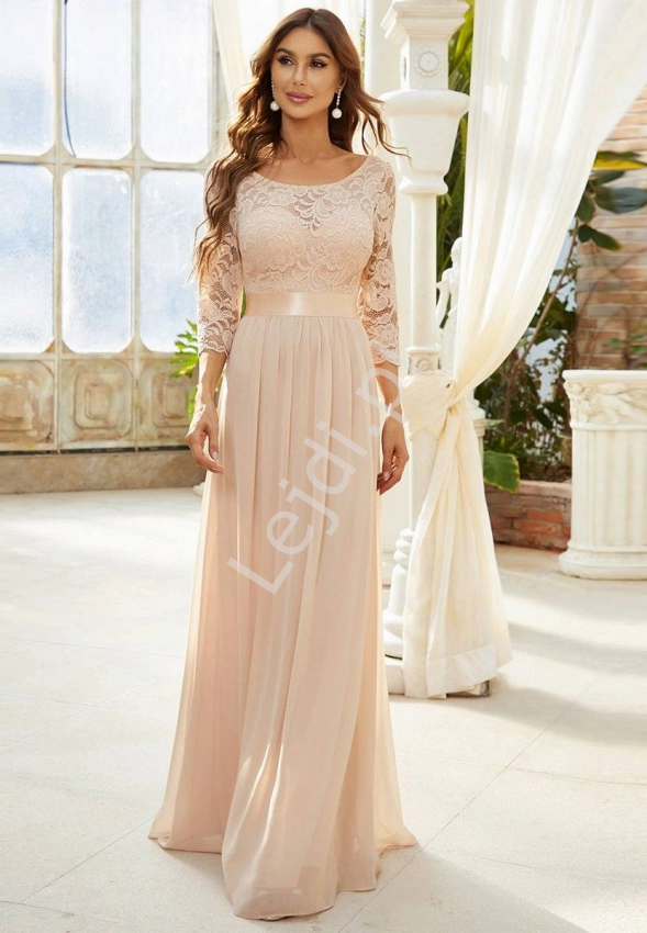 Elegancka brzoskwiniowa sukienka  z koronkową górą , dla druhen, świadkowej 7412
