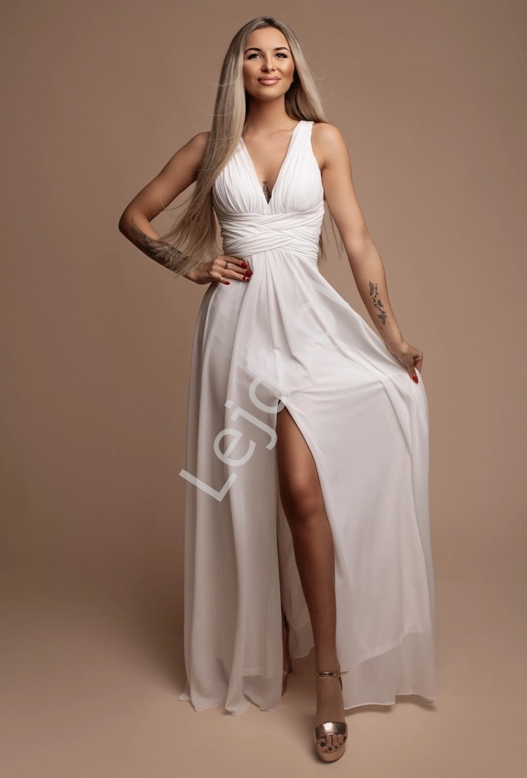 Elegancka Francuska biała kopertowa sukienka z szyfonu z przeplatanym pasem 1508