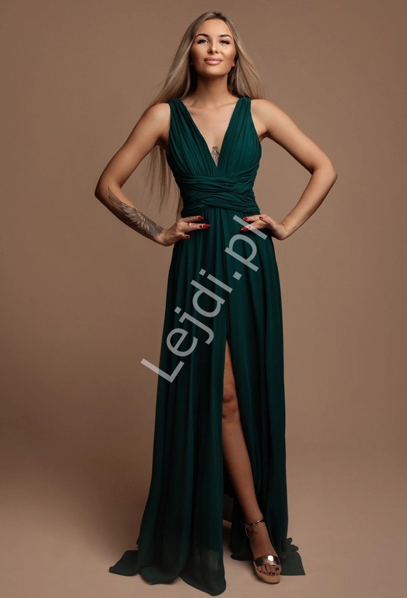 Elegancka Francuska zielona kopertowa sukienka z szyfony z przeplatanym pasem 1508