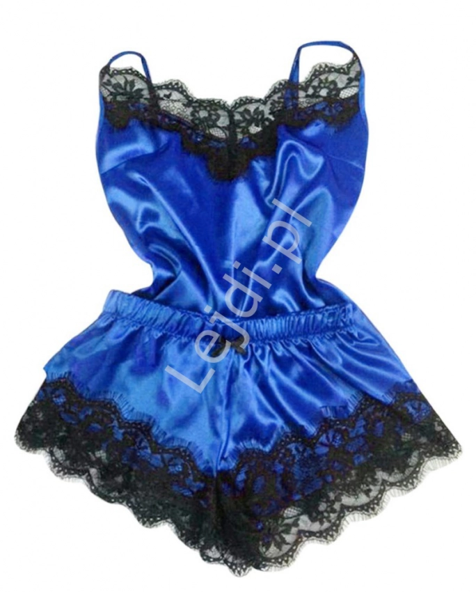 Elegancka piżamka satynowa w kolorze chabrowym z czarną koronką, spodenki i koszulka 3440