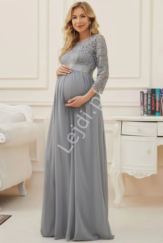 Elegancka sukienka ciążowa na wesele, szara wieczorowa sukienka dla kobiet w ciąży 0797