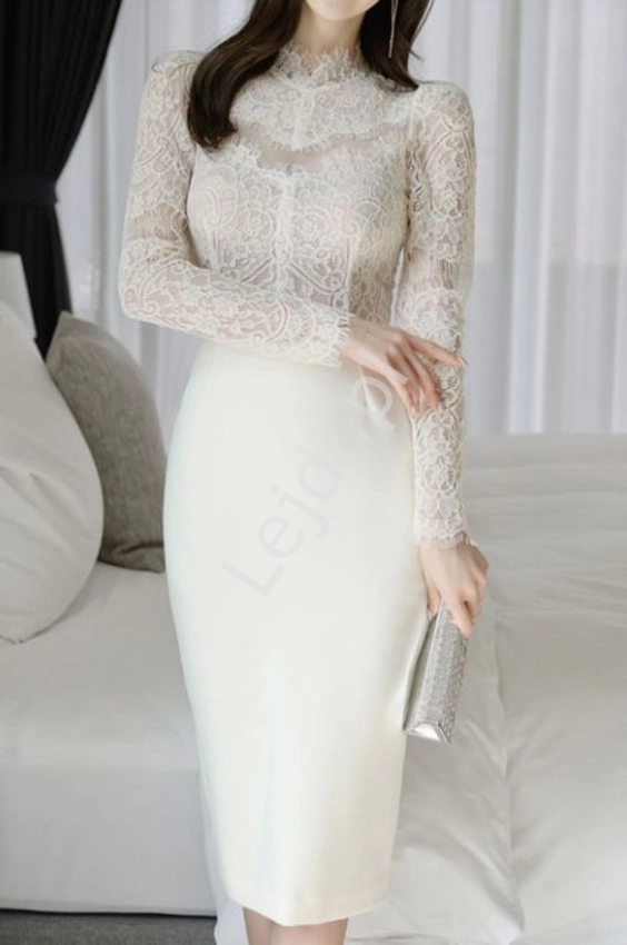 Elegancka sukienka ołówkowa z koronkową górą, biała sukienka na ślub cywilny, koktajl party 7060