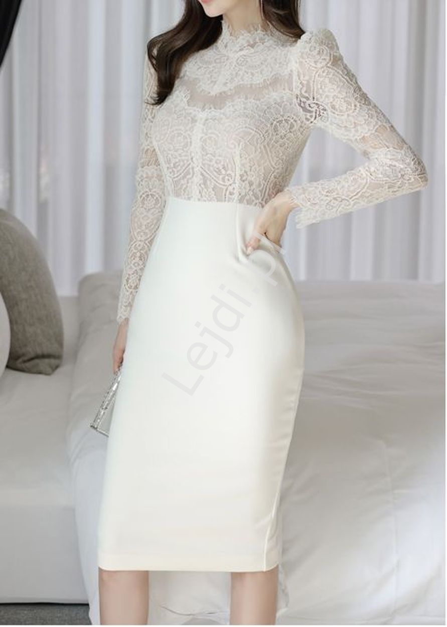 Elegancka sukienka ołówkowa z koronkową górą, biała sukienka na ślub cywilny, koktajl party 
