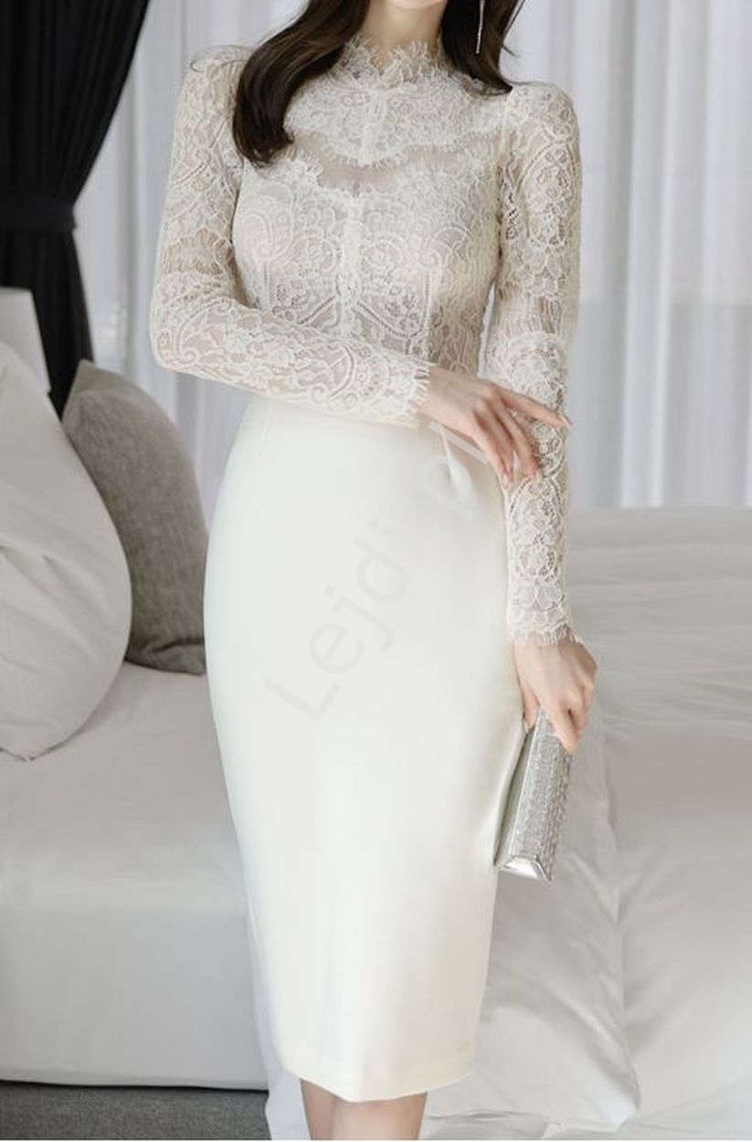 Elegancka sukienka ołówkowa z koronkową górą, biała sukienka na ślub cywilny, koktajl party 