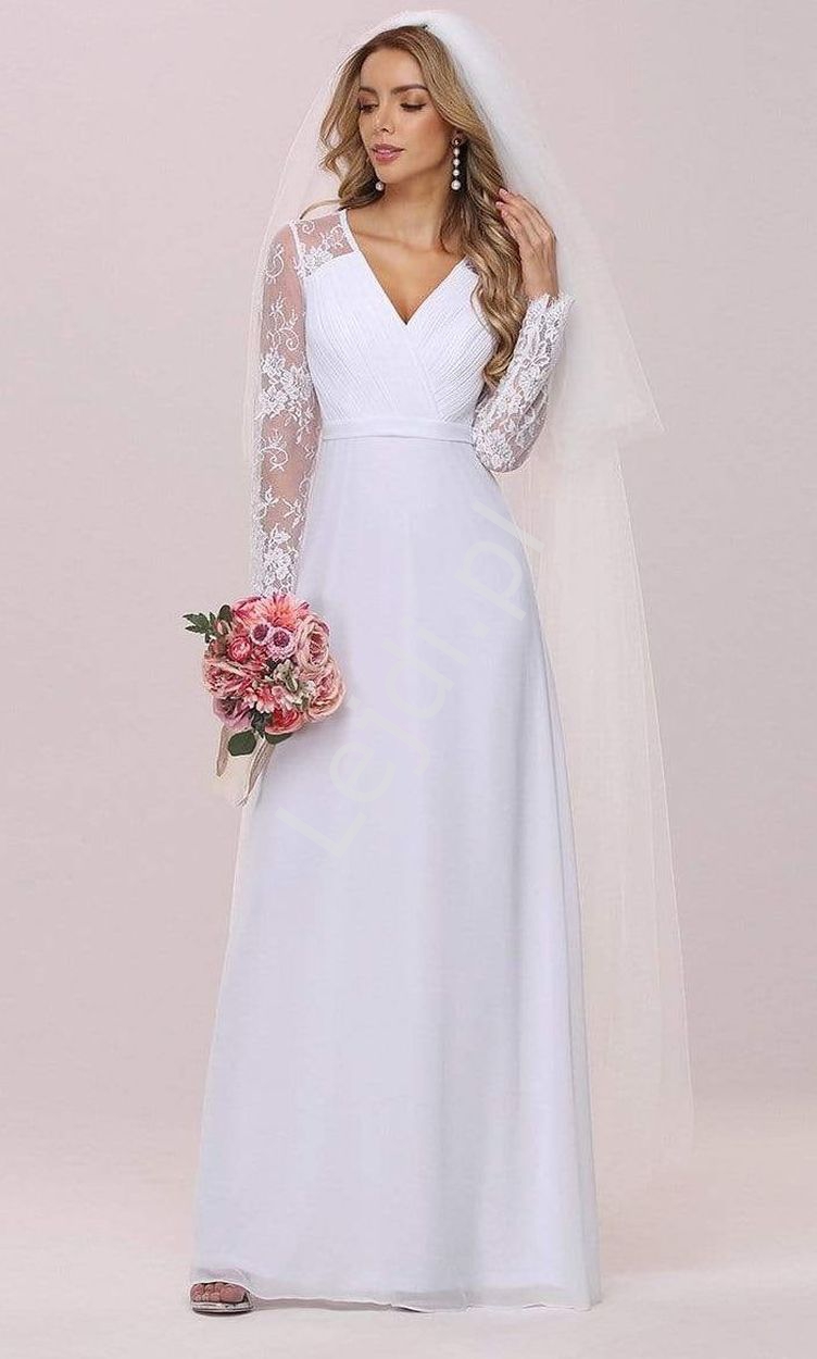 elegancka sukienka ślubna z koronkowym rękawemelegancka sukienka ślubna z koronkowym rękawem