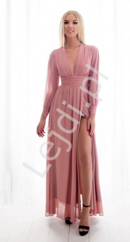 Elegancka sukienka wieczorowa z szyfonu z długim rozciętym rękawem 2304