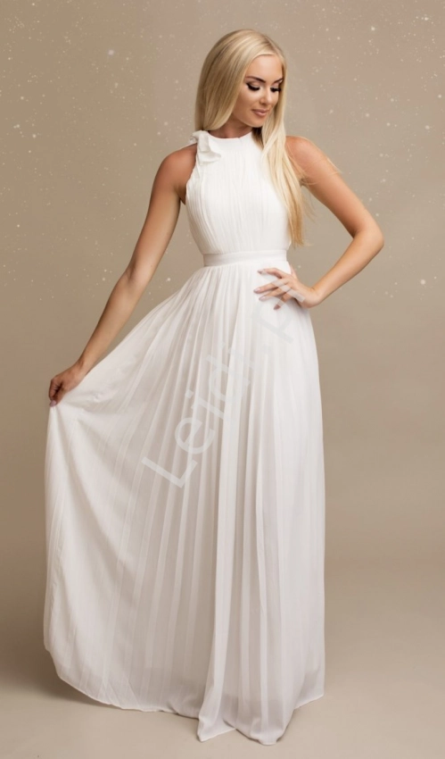 Elegancka suknia ślubna, plisowana z kokardką na ramieniu