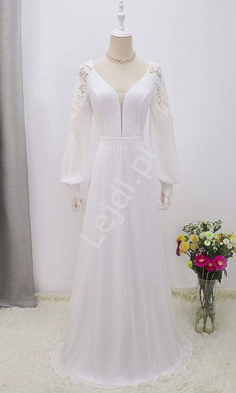 Elegancka suknia ślubna z koronką na rękawach, ślubna sukienka + welon