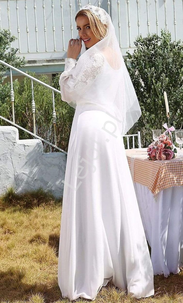 Elegancka suknia ślubna z koronką na rękawach, ślubna sukienka + welon