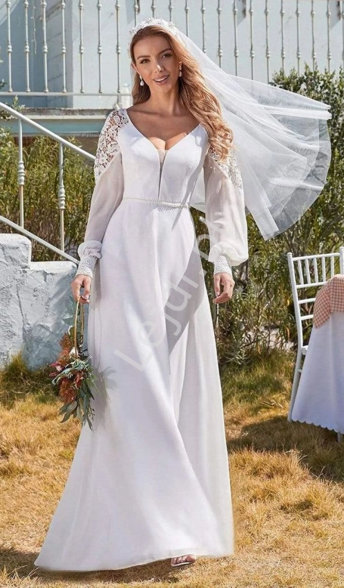 Elegancka suknia ślubna z koronką na rękawach, ślubna sukienka w stylu Vintage  0458