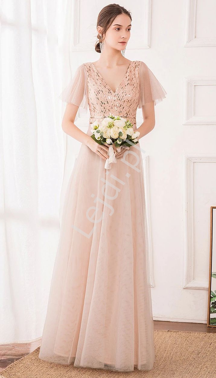Elegancka suknia tiulowa w kolorze brzoskwiniowym z cekinami