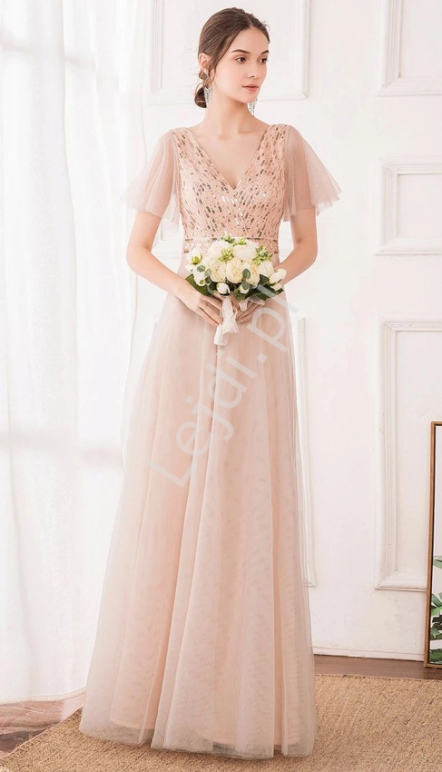 Elegancka suknia tiulowa w kolorze brzoskwiniowym z cekinami 0735