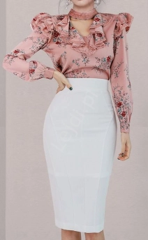 Elegancki komplet damski 2w1, kwiatowa koszula i biała spódnica ołówkowa