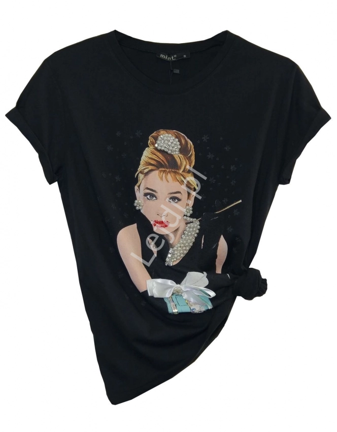 Fenomenalna czarna koszulka z kultową Audrey Hepburn zdobiona perełkami
