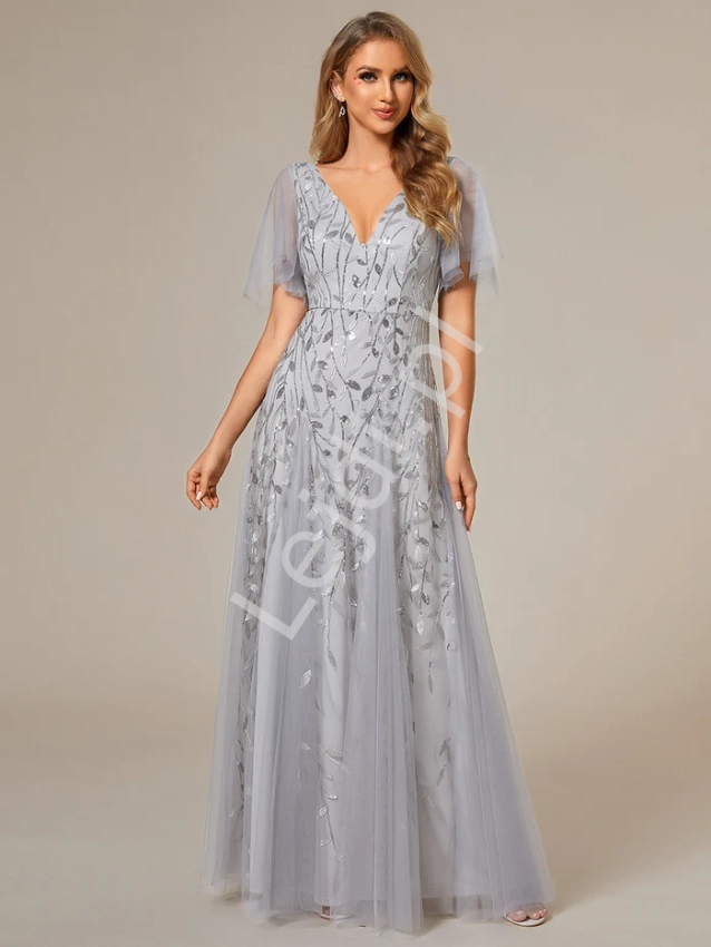 Fenomenalna srebrna suknia wieczorowa z haftami listkami z cekinów,  0734