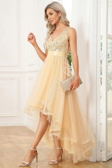 Fenomenalna sukienka wieczorowa z trenem, asymetryczna sukienka złota 0147