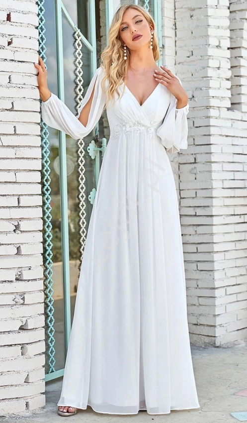Fenomenalna suknia ślubna z oryginalnym długim rękawem z rozcięciem 0461