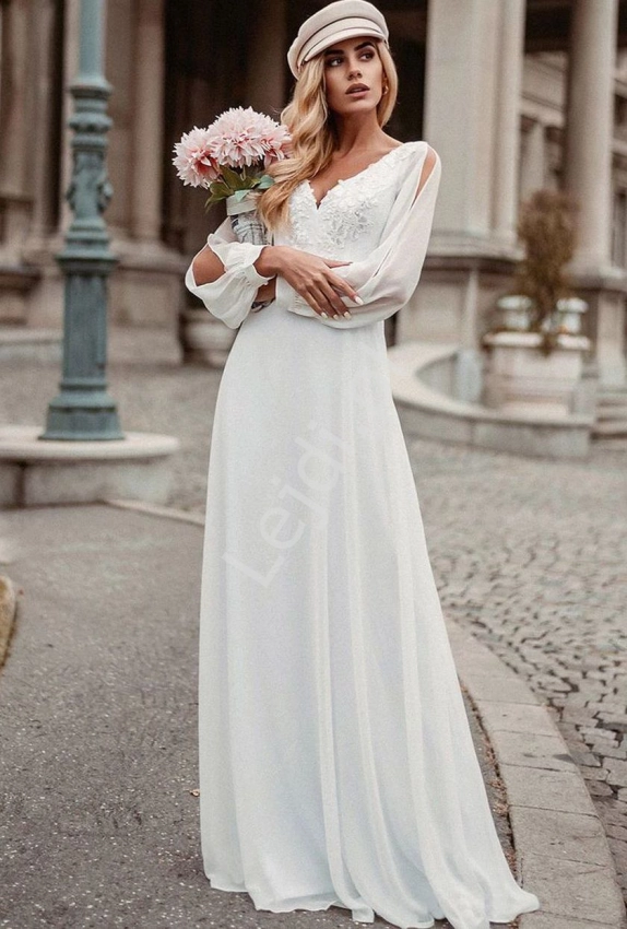 Fenomenalna suknia ślubna w stylu boho z zwiewnym długim rękawem 0457
