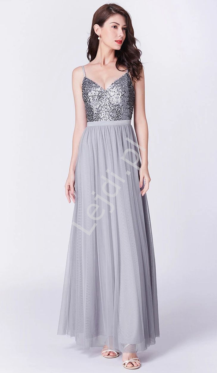 Fenomenalna suknia tiulowa z cekinową górą, szara sukienka z srebrną cekinową górą