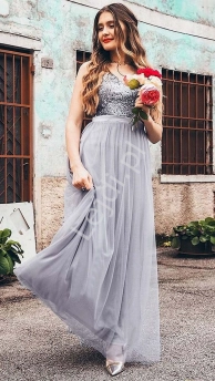 Fenomenalna suknia tiulowa z cekinową górą, szara sukienka z srebrną cekinową górą