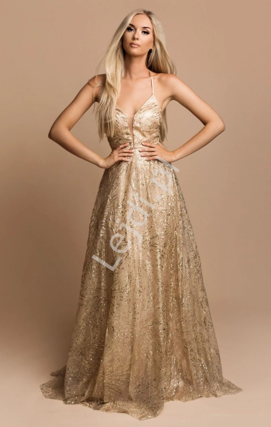 Fenomenalna suknia wieczorowa, mocno brokatowa w złotym kolorze 2179-1