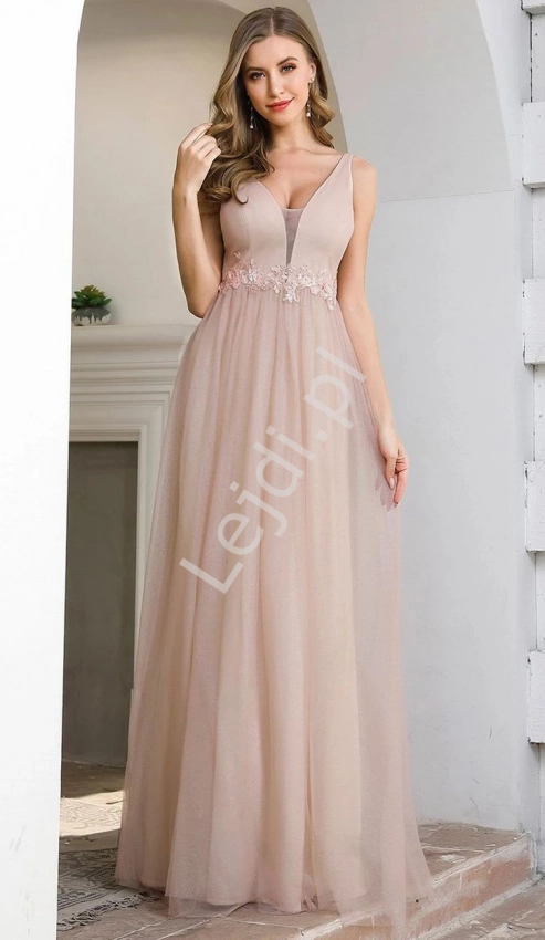 Fenomenalna brokatowa suknia wieczorowa w kolorze pudrowo różowym 0780