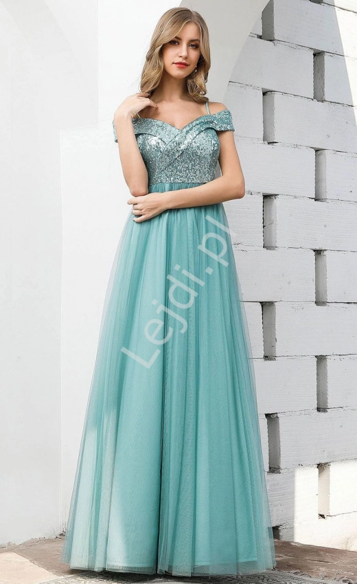 Fenomenalna suknia wieczorowa w kolorze turkusowym z błyszczącymi cekinami 0784