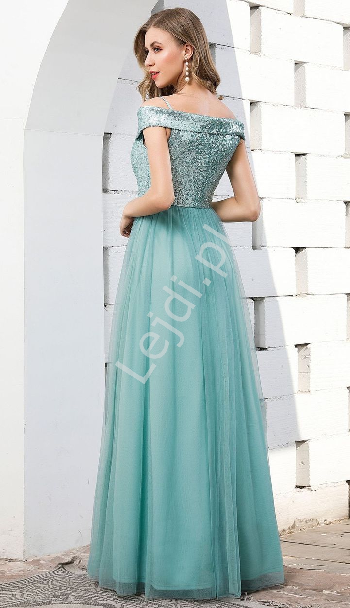 Fenomenalna suknia wieczorowa w kolorze turkusowym z błyszczącymi cekinami