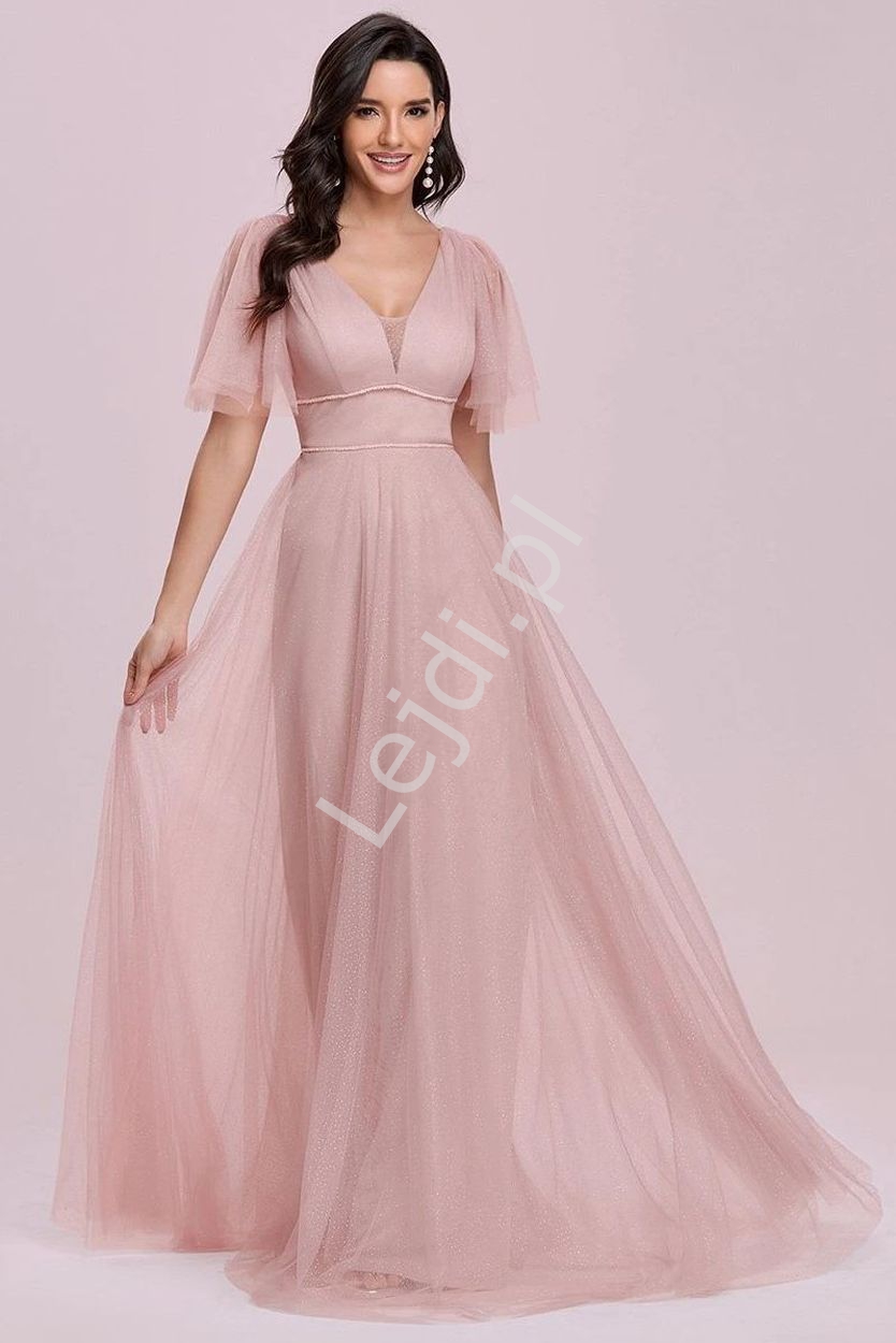 Fenomenalna suknia wieczorowa w pudrowym różu z połyskującym brokatem 0278 - Lejdi