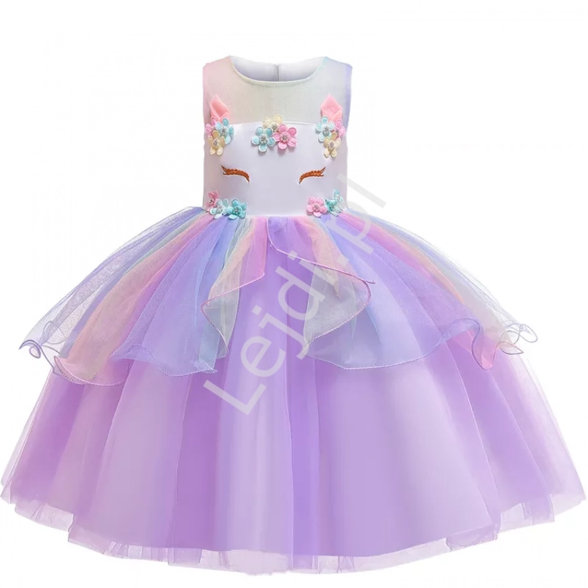 Fioletowa sukienka dla dzieczynki z falbaną z jednorożcem  101
